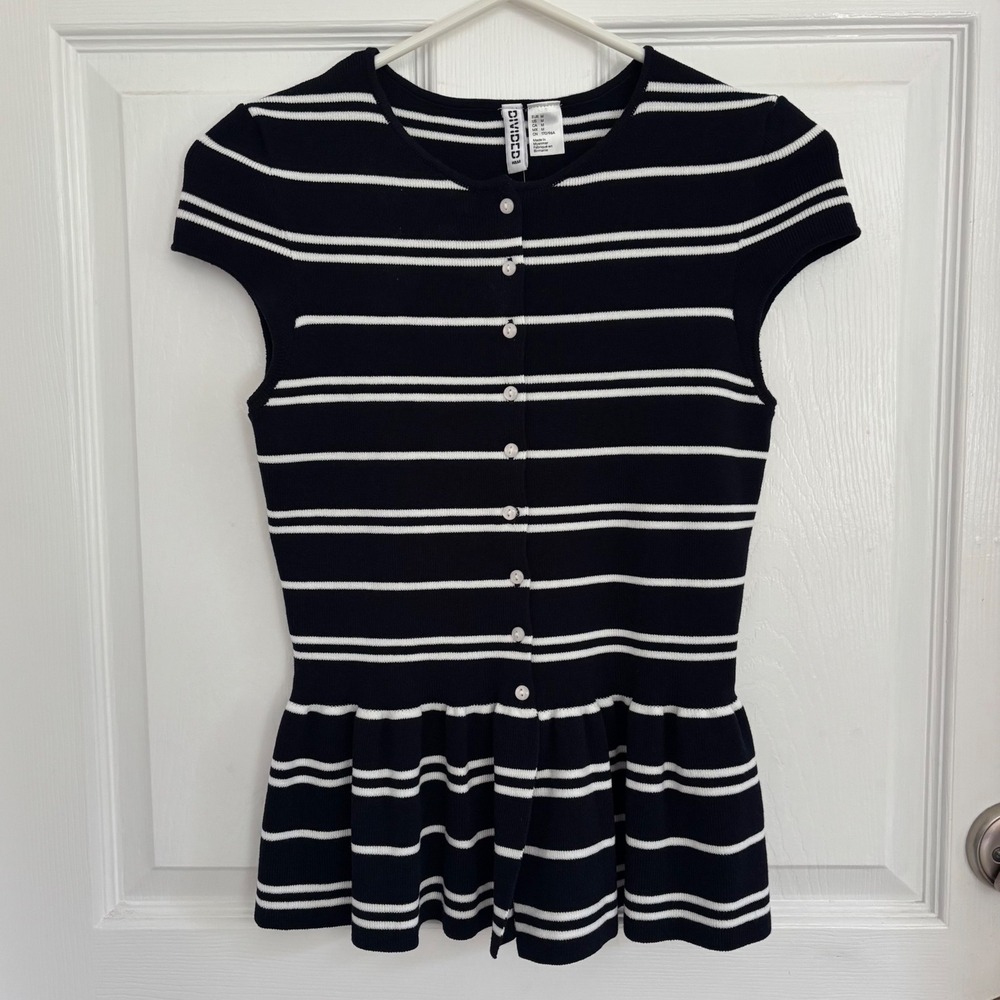 H&M Divided Cardigan Top Womens Medium Navy Blue Striped Peplum Short Sleeve NWT